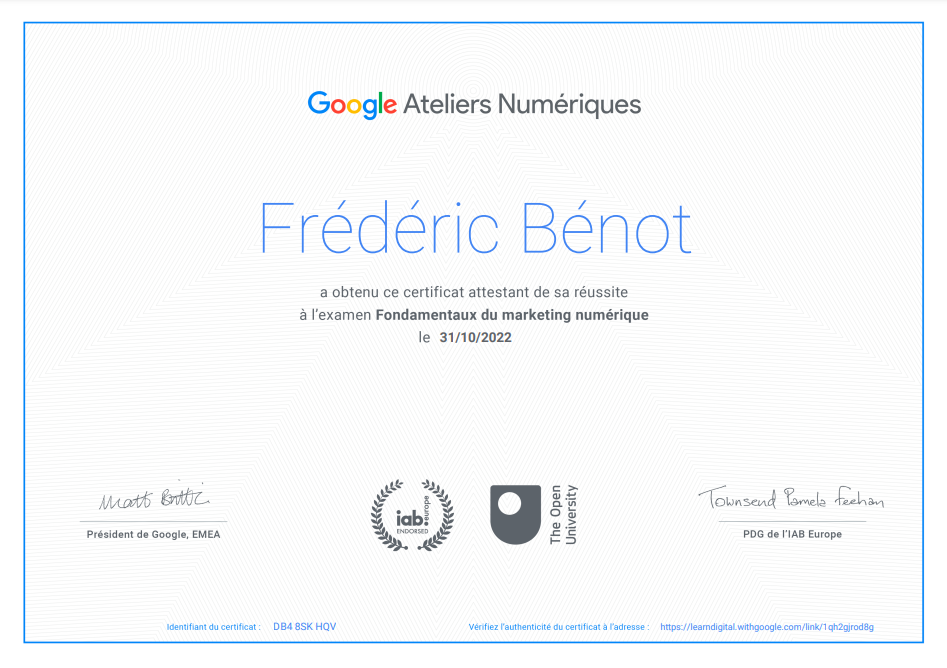 certification Google Ateliers Numériques - Les fondamentaux du Marketing Numérique 