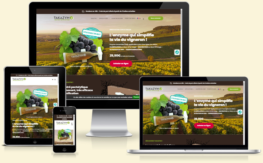 Boutique WooCommerce + site vitrine WordPress - Takazym enzyme pour les vignerons